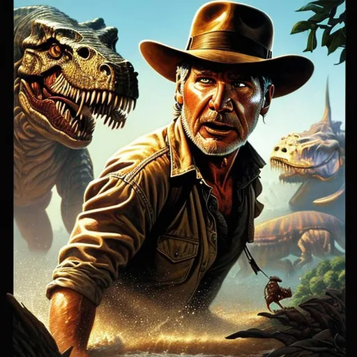 Prompt: ultra realistic illustration, incredibly detailed Harrison Ford face, Indiana Jones being chased by a T-Rex, intricate, elegant, highly detailed, digital painting, artstation, concept art, smooth, sharp focus, illustration, art by artgerm and greg rutkowski and drew struzan