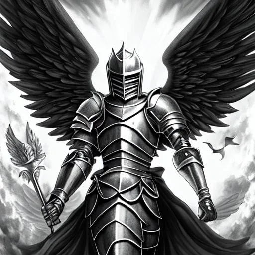 Prompt: black and white knight with angel wings
