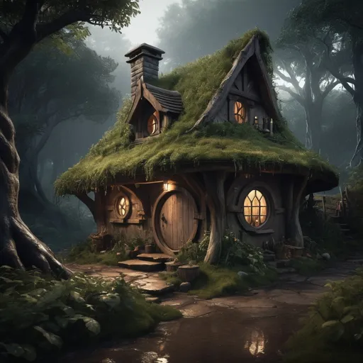 Prompt: Weathered, fantasy RPG style hobbit hut in forest, high res, eerie atmosphere, dark mood, after rain, detailed structure, detailed foliage, various trees, high quality, detailed, RPG, fantasy, weathered, atmospheric lighting, dense foliage, diverse trees, rustic, natural tones, smoke from chimney, night