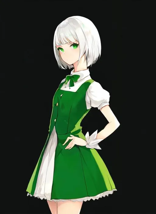 Prompt: Portrait of a cute girl with short, white hair wearing a green and white dress.