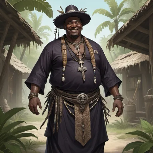 Prompt: Full body, Fantasy illustration of a male black voodoo priest, benevolent, 40 years old, full figured, traditional garment, cheerful expression, high quality, rpg-fantasy, bayou settlement