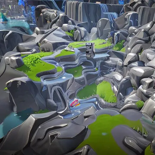 Prompt: grey shiny chrome liquid flowing over and melting the fortnite map