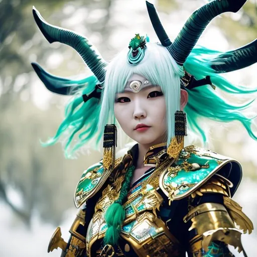 Prompt: White and blue hair samurai beautiful woman with kyubi mask and green horns wearing gold and black armor