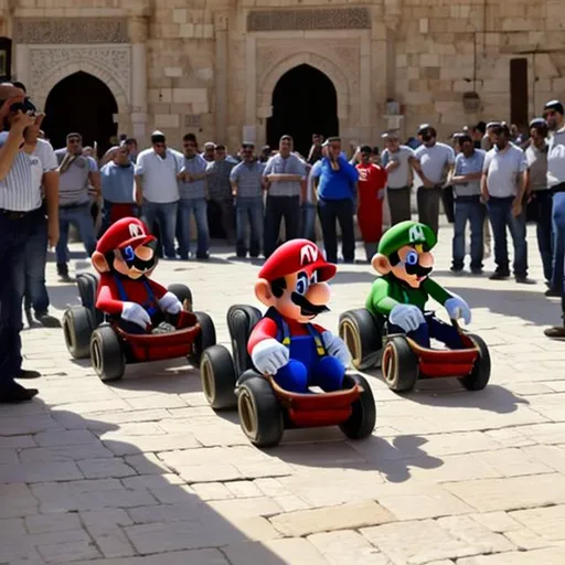 Prompt: Mario kart and bibi Netanyahu in al aqsa mosque
