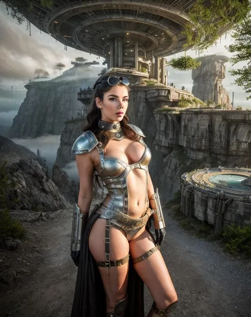 Prompt: Realistic futuristic dystopian landscape, heavy mist, at the edge of a mountain, with a large time hole on the ground,

Depicting a female Steampunk, PinUp High Fantasy Time Keeper, an exquisite portrayal of an exotic, gorgeous, slender, ultra realistic young adult woman, wearing a heavy iron collar,

Gorgeous perfectly detailed facial features, long legs, vibrant sumptuous perfect body, ultra pale, visible midriff, 

Perfect studio lighting, perfect shading, Professional Photo Realistic Image, RAW, artstation, splash style dark fractal paint, contour, hyper detailed, intricately detailed, unreal engine, fantastical, intricate detail, steam screen, complimentary colors, fantasy concept art, 64k resolution, deviantart masterpiece, splash arts, ultra details, Ultra realistic, hi res, UHD, complete 3D rendering.