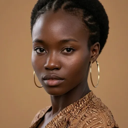 Prompt: a woman with a large hoop earrings on her head and a brown shirt on her shoulders and a brown background, Chinwe Chukwuogo-Roy, afrofuturism, brown skin, a portrait