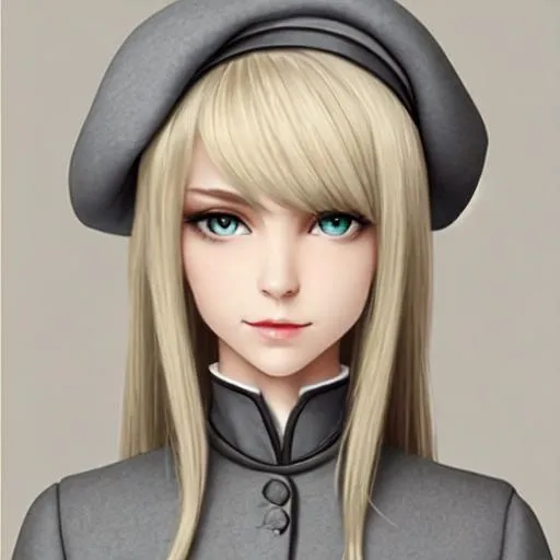 Prompt: blond hair, straight hair, grey left eye, green right eye, grey Victorian dress, grey beret