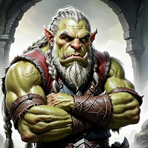 Prompt: a green monstrous orc, intimidating, wise, long braided grey hair and beard, arms folded, DnD style, fantasy, character portrait.