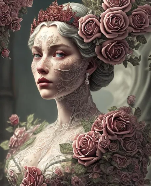 Prompt: Queen Of The Roses, Insanely Detailed And Intricate Dress With Roses, Beautiful Face, Red Roses, Mysterious Magically, Higly Intricate, Hyperrealism Delicate Detailed Complex, Vibrant Colors, Trending On Artstation, Rococo