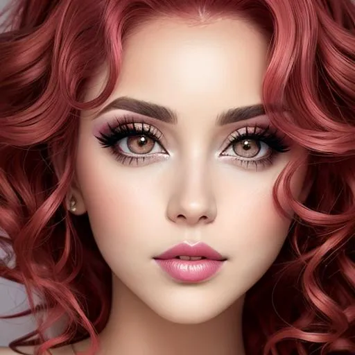 Prompt: woman with big  eyes and carmine lips, curly pink hair, lips, heavy makeup