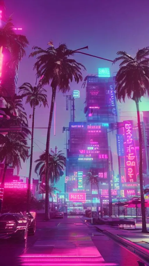 Prompt: vaporwave city, neon lighting, beautiful sunset, palm trees, Retro, high quality, 4k, cold colors 