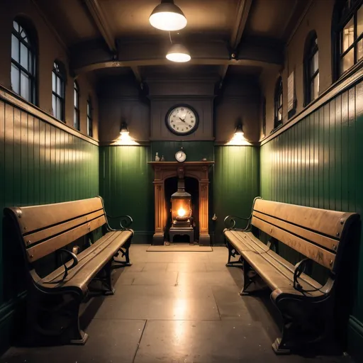 Prompt: a tiny old railway station waiting room at Queenstown road, Battersea, London with wooden benches and a gas light, gas fireplace haunted by soldiers of the second world war. Night-time with warm dim light