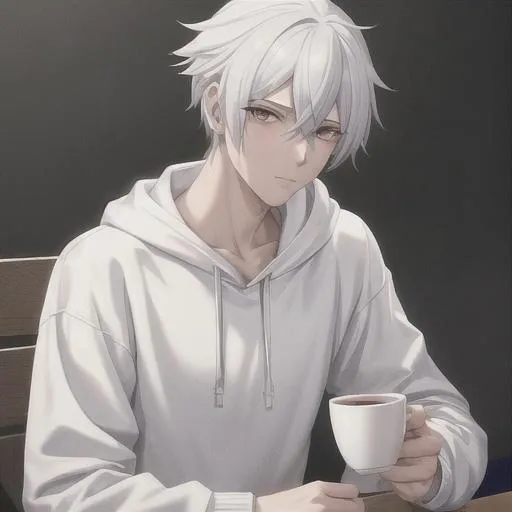 Prompt: (best quality, masterpiece), young pale man having a cup of coffee, (male), white hair, gray eyes, square background, streetwear, aesthetic wear, half body, high face details quality, handsome boy, light face details, atletic body, neutral cute zen face, high quality details hand, black hoodie, demonslayer art, demonslayer lineart,