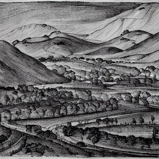 Prompt: a river valley in Leonardo da Vinci's style, monochrome drawing
