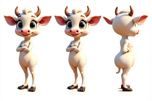 Prompt: A full-body character sheet of 3D cartoon cute female calf 97f3b1bf with white body, large green eyes, pink nose, small horns, black hooves displayed in three clear views on a clean white background, arranged in a three-column grid pattern with equal spacing and importance. Left panel: front view showing complete anatomical details and outfit. Center panel: perfect 90-degree side view (profile) clearly showing the character's side silhouette, facial profile, and outfit from a direct lateral perspective. Right panel: back view revealing posterior details Each view maintains consistent scale, lighting, and full-body presentation from head to toe. All three perspectives must be equally detailed and given equal prominence in the composition.