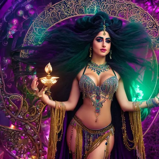 Prompt: Gorgeous, stunning, beautiful, otherworldly goddess with long braided hair wearing a body chain and belly dancer costume, full body, centered, fantasy setting, cinematic, colorful background, concept art, dramatic lighting, highly detailed, hyper realistic, intricate sharp details, octane render, smooth, studio lighting