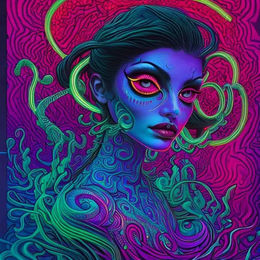 Prompt: Hypnotic illustration of shahnaz hawkins, hypnotic psychedelic art, pop surrealism, dark glow neon paint, mystical, Behance 