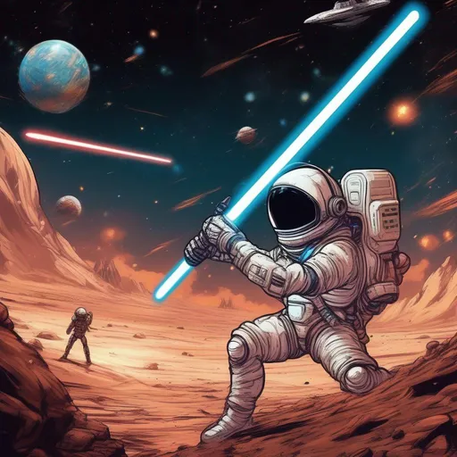 Prompt: Astronaut in battling aliens in planet mars with lightsaber and jedi power, big explosion in the background, anime style art