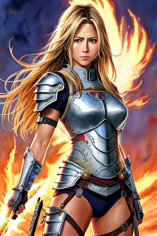 Prompt: (((Hiromu Arakawa))), sticker of ultra detailed portrait of Jennifer Aniston 
in Athena Cloth armour, full body, high quality cell shaded illustration in post apocalyptic style by Hiromu Arakawa, ((full body)), dynamic pose, perfect anatomy, centered, freedom, soul, Black long hair, approach to perfection, cell shading, 4k , cinematic dramatic atmosphere, watercolor painting, global illumination, detailed and intricate environment, artstation, concept art, fluid and sharp focus, volumetric lighting, cinematic lighting, Art by Hiromu Arakawa,
