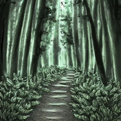 Prompt: Dark pathway through forest at night