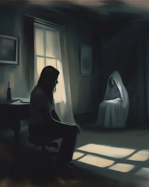 Prompt: A conceptual illustration depicting anxiety as a ghostly figure looming over a worried young woman alone in a dimly lit room. Heavy shadows and desaturated cool tones create an uneasy atmosphere. The woman's body language conveys tension and unease. Rendered in a moody, expressive painting style. Impasto pallette knife oil painting 