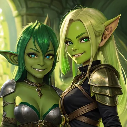 Prompt: oil painting, D&D fantasy, green-skinned-goblin girl, green-skinned-female, small, short dirty blonde hair, evil smile, pointed ears, fangs, looking at the viewer, thief wearing intricate adventurer outfit, #3238, UHD, hd , 8k eyes, detailed face, big anime dreamy eyes, 8k eyes, intricate details, insanely detailed, masterpiece, cinematic lighting, 8k, complementary colors, golden ratio, octane render, volumetric lighting, unreal 5, artwork, concept art, cover, top model, light on hair colorful glamourous hyperdetailed medieval city background, intricate hyperdetailed breathtaking colorful glamorous scenic view landscape, ultra-fine details, hyper-focused, deep colors, dramatic lighting, ambient lighting god rays, flowers, garden | by sakimi chan, artgerm, wlop, pixiv, tumblr, instagram, deviantart