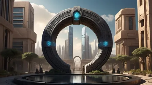 Prompt: magical portal between cities realms worlds kingdoms, circular portal, ring standing on edge, upright ring, freestanding ring, hieroglyphs on ring, complete ring, ancient babylonian architecture, gardens, hotels, office buildings, shopping malls, large wide-open city plaza, turned sideways view, futuristic cyberpunk tech-noir setting