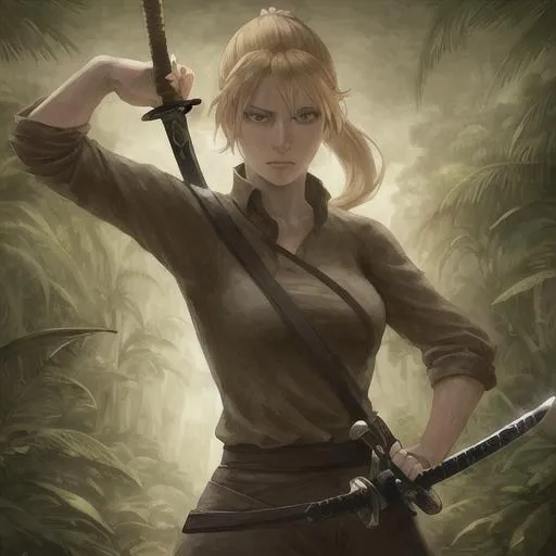 Prompt: Woman with blonde hair in a ponytail standing outside holding a sword in a jungle

