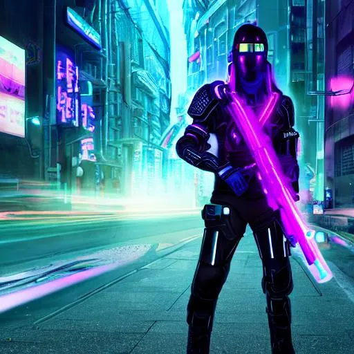 Prompt: UHD, , 8k, high quality, neon lighting, cyberpunk, hyper realism, Very detailed, clear visible face, male futuristic assassin, he is wearing a armor plated suit, he is standing in a city street with a purple neon sword