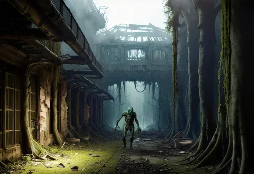 Prompt: humanoid ghoul creature, eerie mutant, decaying, rotten skin, ragged clothes, dirt, multilayered,, old apocalyptic city wasteland overgrown by oppressive huge forest, vines, plants and roots growing, cracking through walls, 3d render,  high detail,