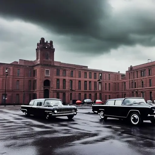 Prompt: 1960s realistic black cars tall realistic window brick buildings  cloudy sky rainy weather tall window brick buildings high quality 4k super realistic