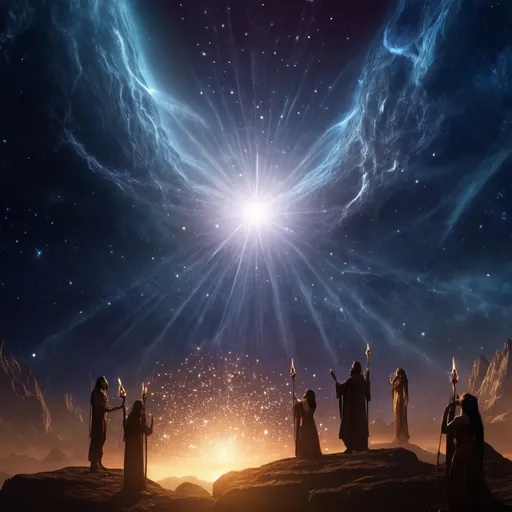 Prompt: Iluvatar and the Ainur creating world through harmonious music, disrupted by Melkor, mystical 3D rendering, celestial setting, divine presence, powerful and ethereal, epic orchestral lighting, radiant and celestial tones, cosmic symphony, divine constellations, ultra-high resolution, 3D rendering, mystical, disruptive tones, epic, divine presence