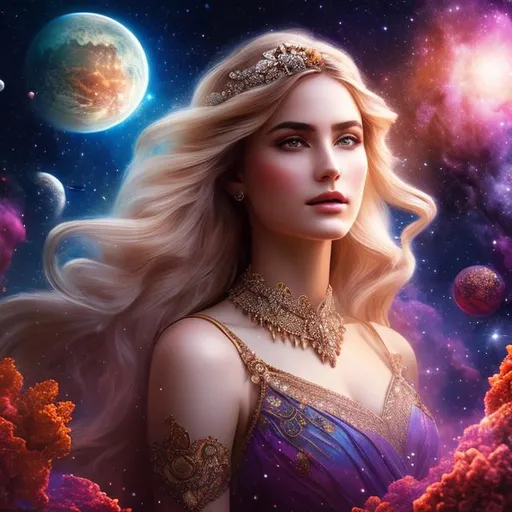 Prompt: create a photograph of beautiful fictional female princes, extremely, detailed environment, detailed background,planets an nebulae in sky highly detailed, intricate, detailed skin, natural colours , professionally colour graded, photorealism, 8k, moody lighting