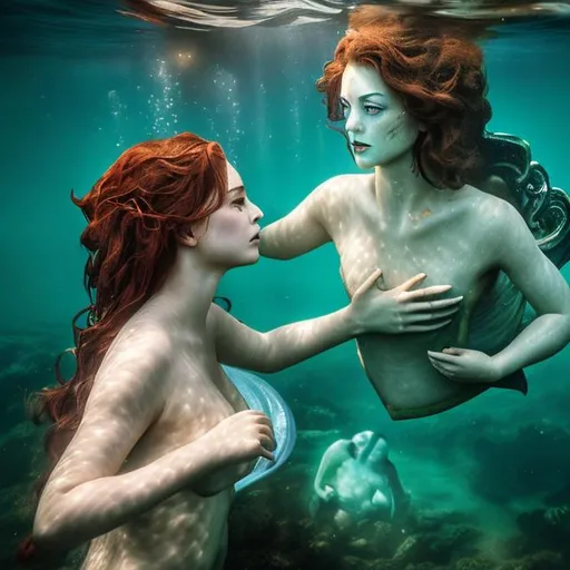 Prompt: photo realistic, professional photo of a  beautiful siren killing a man underwater and holding his heart