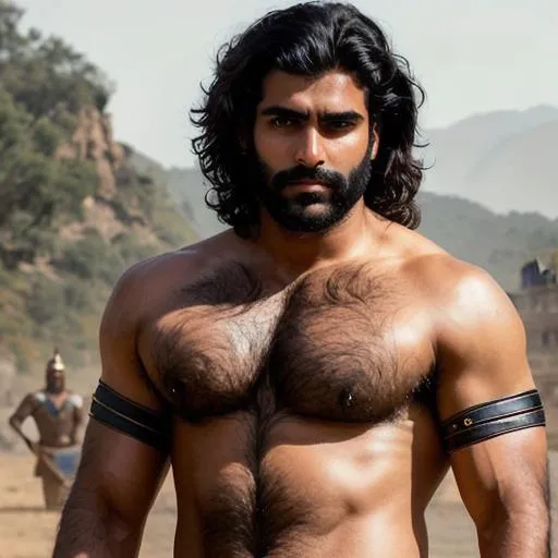 Prompt: scene of hyperreal haryana warrior with black hair and with rugged handsome young face, very hairy chest and armpits, arena, perfect composition, hyperrealistic, super detailed, 8k, high quality, trending art, trending on artstation, sharp focus, studio photo, intricate details, highly detailed, by greg rutkowski