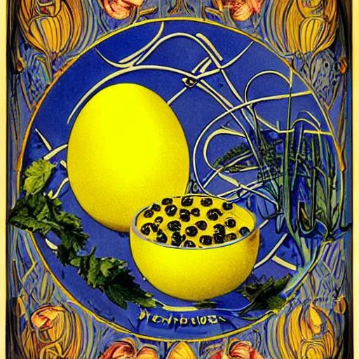 Prompt: Ad, Kalles kaviar, egg, caviar tube, art, text, Blue, yellow, swedish, art nouveau