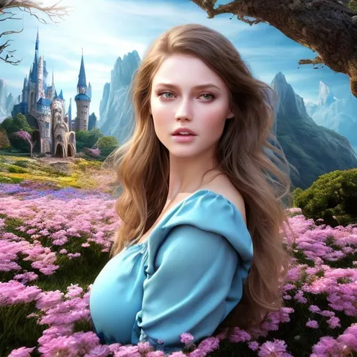 Prompt: 4k 3D professional modeling photo live action human woman hd hyper realistic beautiful english woman light brown hair fair skin blue eyes beautiful face blue simple dress enchanting mystical neverland landscape hd background with live action magic full body neverland