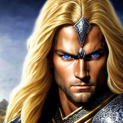 Prompt: Hyper realistic, long golden hair paladin with striking eyes, a handsome, long, angular face, human ears, an intense stare, well-kept silver shining simple plate mail, rpg game, strong man, concept art, by alex ross