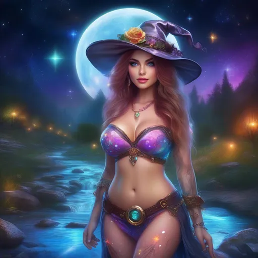 Prompt: Wide angle.  Whole body showing. Photo realistic. Very detailed illustration. Very realistic. Beautiful, buxom woman with broad hips and incredible  bright eyes, standing next to a stream on a breathtaking, colorful starry  night. Wearing a colorful, translucent, sparkling, dangling, skimpy, gossamer, sheer, flowing, steam-punk style, Witch style,  fairy outfit with wings that are distinct. With winged fae flying about.