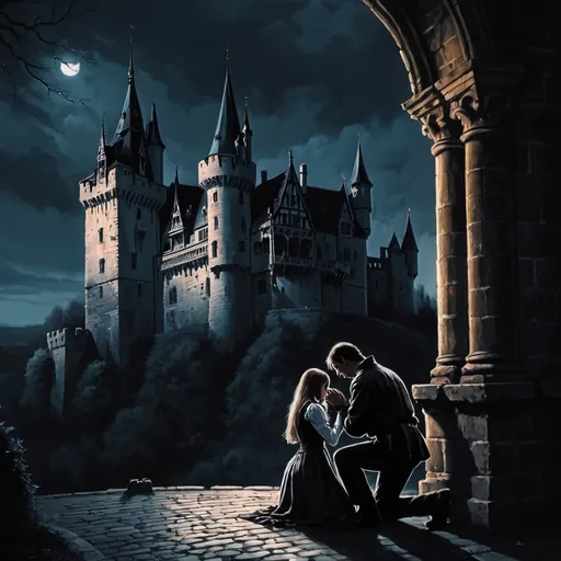 Prompt: Men kneeling begging the girl he loves on the porch of the gothic castle and picture is very painful and dark  distant view of castle