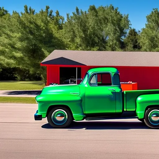 Prompt: a green 1950 chevy truck at a drive inn movie veiwed from the left rear at a distance of approximatly 50 feet away