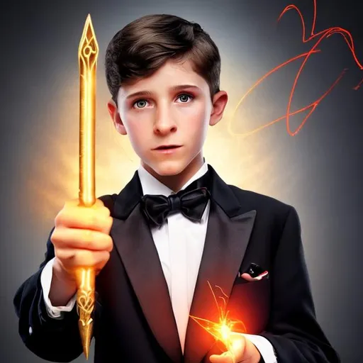 Prompt: 13 year old boy in a tuxedo holding his magic wand in a threatening manner saying don’t move or I will cast a magic spell on you 