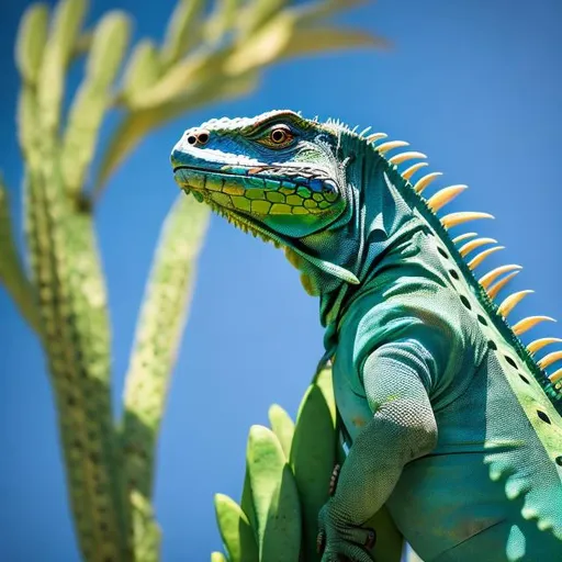 Prompt: green iguana with large blue feathers, climbing on a Mexican cactus