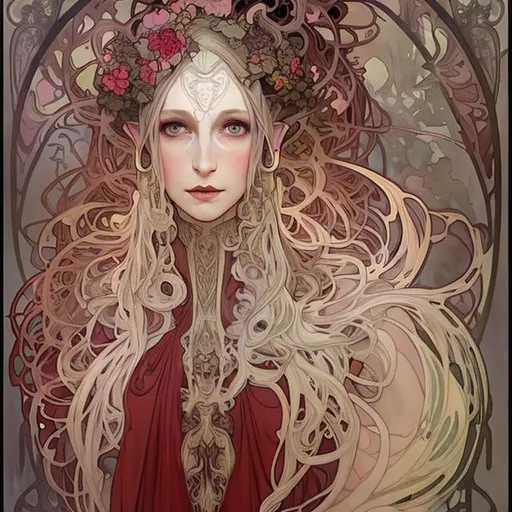 Prompt: please create a soft watercolor painting of a beautiful pregnant elf witch with a long neck in a  fashion red dress in the style of dark-fantasy painted by alphonse mucha, amy sol, nekro, dmt art, symmetrical vogue face portrait, intricate detail, artstation, artgerm, rococo