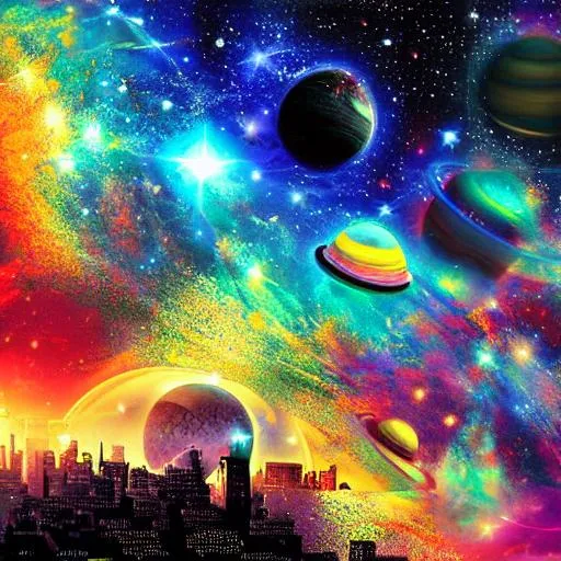 Prompt: Digital art epic perspective background or wallpaper art, brightly colored galaxies, planets, sun, moons and stars, Street art,  background art. Epic perspective ultra detailed digital art