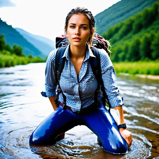 Prompt: photo of young woman, soaking wet clothes, Hiking Boots, Grey Leggings, Blue checked unbuttoned shirt showing big cleavage,  , wading through a river wearing a backpack,   enjoying, water dripping from clothes, clothes stuck to body,  detailed textures of the wet fabric, wet face, wet plastered hair,  wet, drenched, professional, high-quality details, full body view.