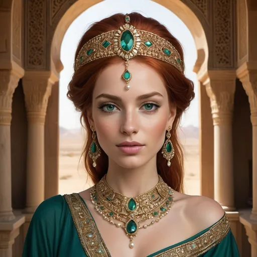 Prompt: In the heart of a Middle Eastern kingdom, where the sun casts its golden rays upon ancient palaces and bustling markets, reigns a queen of unmatched beauty and grace. With fiery red hair cascading in luxurious waves around her porcelain complexion, she stands as a vision of ethereal elegance and regal power.

Her regal attire, woven with threads of gold and adorned with intricate patterns inspired by the desert sands and vibrant bazaars, drapes her slender frame in a tapestry of opulence. Around her neck, a gleaming necklace of precious gems and pearls glimmers like stars against the backdrop of her fair skin.

Her eyes, a mesmerizing shade of emerald green, sparkle with intelligence and warmth, reflecting the wisdom and compassion that guide her rule. They hold the depths of the desert oasis, harboring secrets and stories passed down through generations of rulers.

As she moves with grace and poise through the marble halls of her palace, her presence commands attention and respect. She carries herself with the confidence of one who has ruled with fairness and strength, earning the unwavering loyalty of her subjects.

Her voice, soft and melodic like the desert breeze, carries the weight of authority and compassion as she addresses her people. With words of wisdom and kindness, she seeks to uplift and inspire, leading her kingdom toward a future of prosperity and harmony.

In the midst of a bustling city square or a tranquil palace garden, she is a beacon of beauty and grace, her red hair ablaze like a flame in the desert sun. She is not just a queen, but a symbol of strength, resilience, and the enduring spirit of the Middle East.
