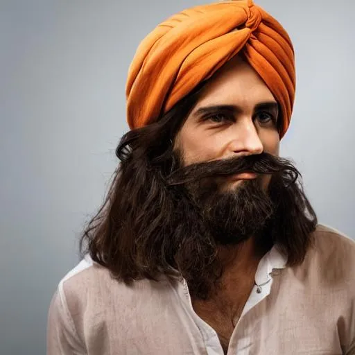 Prompt: Long-haired man with moustache and turban