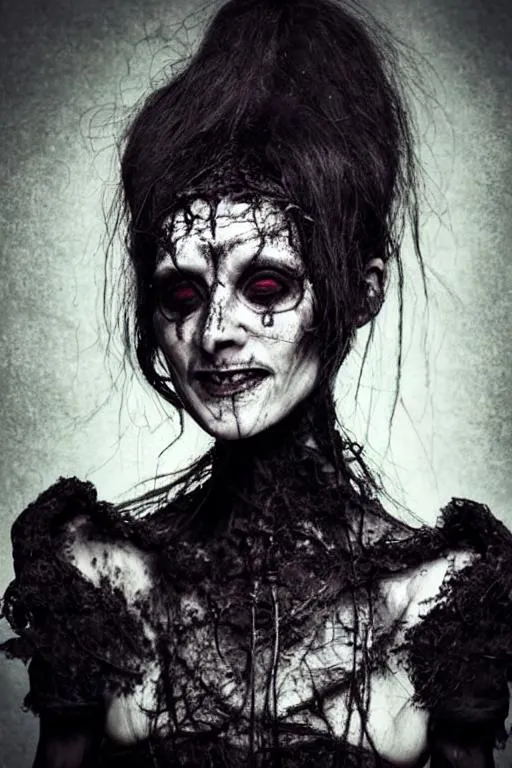 Prompt:  decay thin witch lady beautiful majestic in dark castle portrait insane suffering smile realistic 