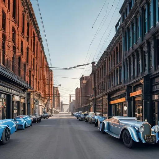 Prompt: Late tall 1900s buildings road with 1930s metal cars high resolution 4k daytime nice weather light blue sky 